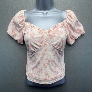 Kit + Sky Women Top Floral Mesh XS Cottagecore Puff Sleeve Sweetheart Neck